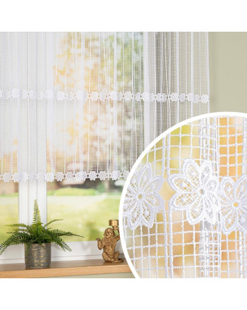 Krótka firanka gipiurowa z delikatnym kwiatowym wzorem pasowym i otworami na drążek, kolor biały, dostępna w 2 wysokościach - sprzedawana na metry