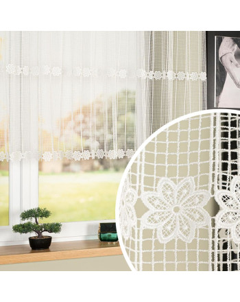 Krótka firanka gipiurowa z delikatnym kwiatowym wzorem pasowym, kolor naturalny, oferowana w 2 wysokościach - sprzedawana na metry