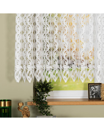 Krótka firanka, gipiurowa ze wzorem o liściastym splocie, kolor biały,  dwie wysokości - sprzedawana na metry