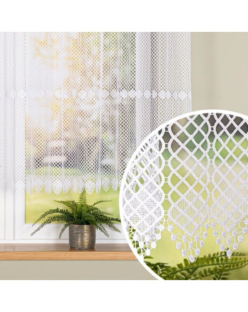 Krótka panelowa firanka gipiurowa z otworami na drążek, kolor biały, oferowana w 2 wysokościach - sprzedawana na metry