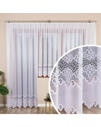 Długa gotowa firanka żakardowa ze wzorem pasowym na samym dole, kolor biały, dostępna w 2 rozmiarach, Modesta