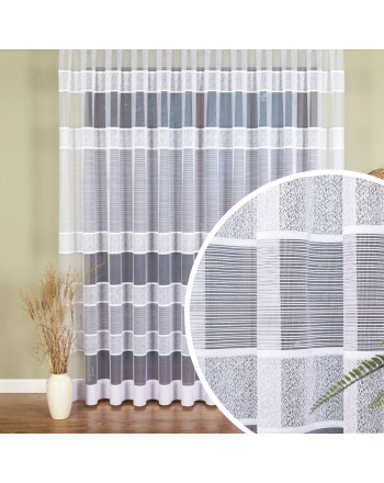 Długa firanka żakardowa z nowoczesnym wzorem pasowy do salonu, kolor biały, wysokość 250 cm - sprzedawana na metry