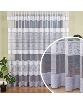 Długa firanka żakardowa z nowoczesnym wzorem pasowy do salonu, kolor biało-szary, wysokość 250 cm - sprzedawana na metry