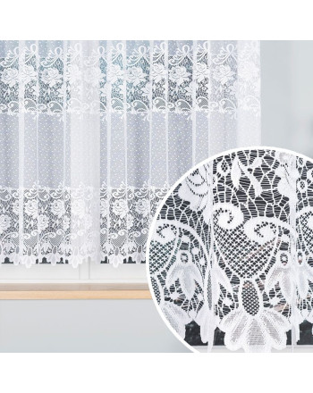 Krótka firanka żakardowa z kwiatowym wzorem, w kolorze białym, oferowana w kilku wysokościach - sprzedawana na metry