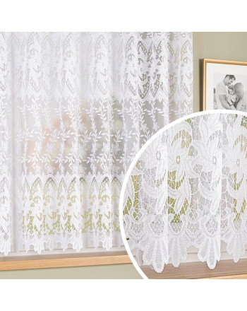 Krótka firanka żakardowa ze wzorem ażurowym po całości, kolor biały, dostępna w 2  wysokościach - sprzedawana na metry