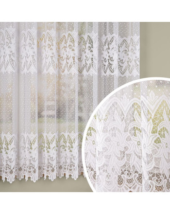 alt="Krótka firanka żakardowa na metry z ozdobnym dołem – biały wzór botaniczny."