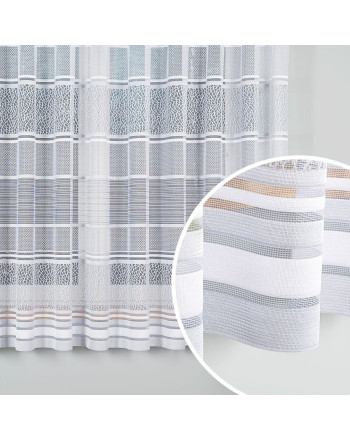 Krótka firanka żakardowa z pasowym wzorem ażurowym, kolor szary, oferowana w dwóch wysokościach - sprzedawana na metry