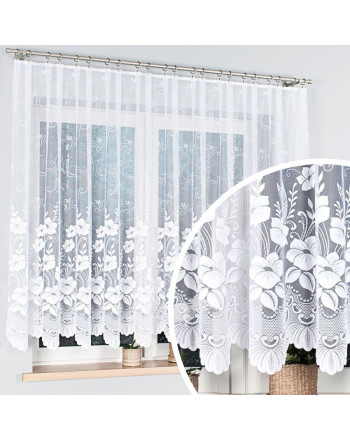 Krótka firanka żakardowa z rosnącym wzorem kwiatowym od dołu, kolor biały, dostępna w kilku wysokościach - sprzedawana na metry