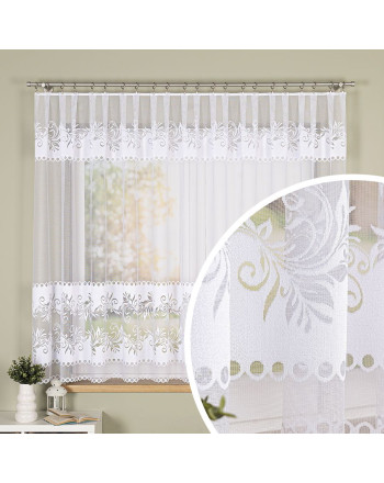 Krótka firana żakardowa z botanicznym wzorem pasowym, kolor biały. dostępna w 2 wysokościach - sprzedawana na metry