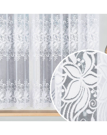 Krótka firanka żakardowa z kwiatowym wzorem pasowym, kolor biały, oferowana w dwóch wysokościach - sprzedawana na metry