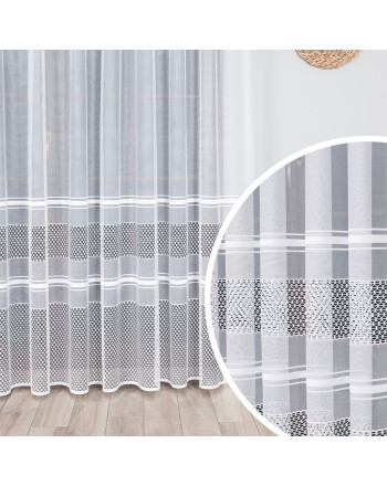 Firanka żakardowa z białymi poziomymi pasami na taśmie, wysokość do 250 cm, kolor biały - szyta na wymiar