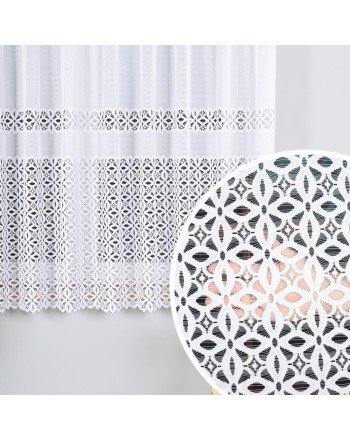Krótka firanka żakardowa do kuchni ze ażurowym wzorem pasowym, kolor biały, oferowana w kilku wysokościach - sprzedawana na metry