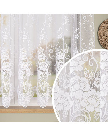Biała firanka żakardowa z kwiatowym wzorem na całej powierzchni, dostępna na metry w wysokościach 160 i 170 cm