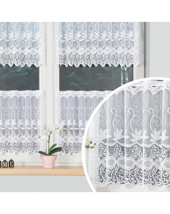 Biała zazdrostka żakardowa z liściastym wzorem i koronkowym dołem, dostępna w różnych wysokościach – sprzedawana na metry