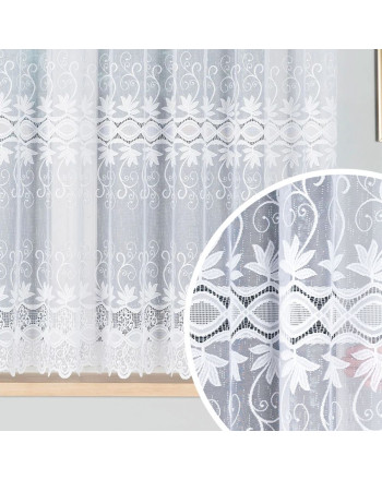Krótka firanka żakardowa ze wzorem roślinnym, wykończona bordiurą, kolor biały, oferowana w kilku wysokościach - sprzedawana na metry