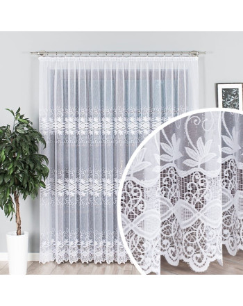 Długa firana żakardowa ze wzorem roślinnym, wykończona bordiurą, kolor biały, dostępna w kilku wysokościach - sprzedawana na metry