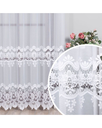 Długa firana żakardowa do salonu  z koronkowy motyw florystyczny w układzie pasowym, kolor biały, wysokość 250 cm - sprzedawana na metry
