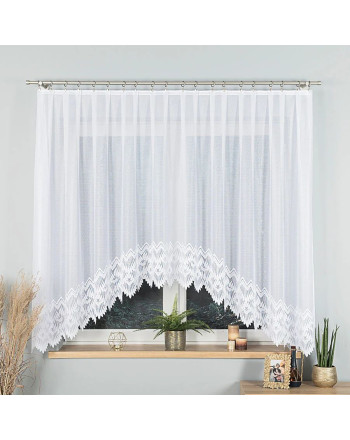 Krótka firanka żakardowa gotowa wykończona w łuk ze wzorem na samym dole, kolor biały, oferowana w 2 rozmiarach, Felicja