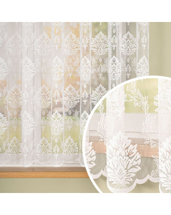 Krótka firanka żakardowa z liściasto-ornamentowym wzorem, kolor biały, oferowana w 2 wysokościach - sprzedawana na metry