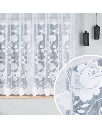 Krótka firanka żakardowa do kuchni z dużym kwiatowym wzorem, oferowana w kilku wysokościach - sprzedawana na metry