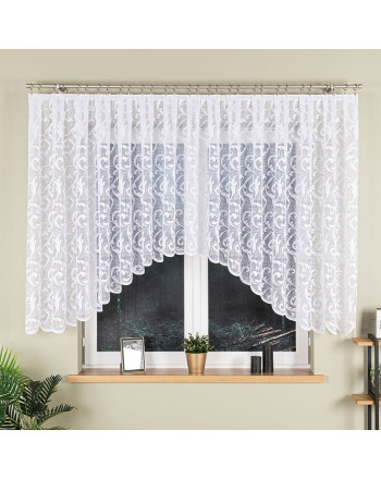 Biała firana żakardowa LEOKADIA z bogatym wzorem ornamentowym i roślinnym, wymiary 450x135 cm.