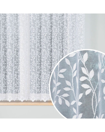 Krótka biała firanka żakardowa do kuchni z motywem liści, oferowana w kilku wysokościach - sprzedawana na metry