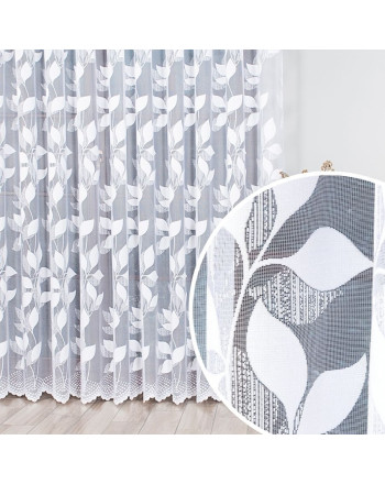 Długa firana żakardowa w liście do salonu  kolor biały, oferowana w dwóch wysokościach - sprzedawana na metry