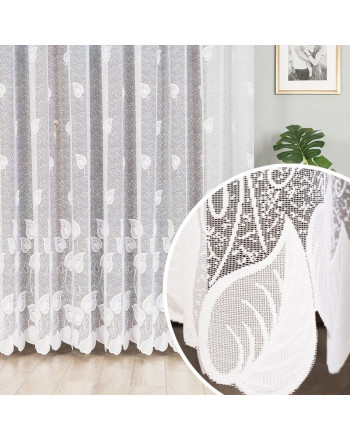 Firanka żakardowa z oryginalnym wzorem liści, kolor biały, wysokość do 230 cm, na przelotkach - szyta na wymiar