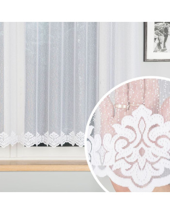 Krótka firanka żakardowa z geometrycznym wzorem na samym dole, kolor biały, oferowana w kilku wysokościach - sprzedawana na metry