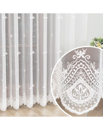 Długa firanka z roślinnym, błyszczącym haftem na całej wysokości, kolor biały, oferowana w dwóch wysokościach - sprzedawana na metry