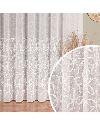 Długa kremowa firana z kwiatowym haftem i oławianką, wysokość 280 cm - sprzedawana na metry