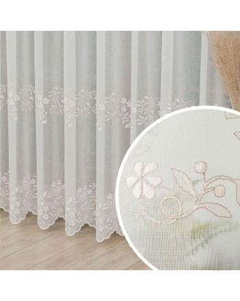 Gotowa długa firana na taśmie marszczącej, kolor kremowy z beżowym haftem, oferowana w dwóch rozmiarach, Ivy