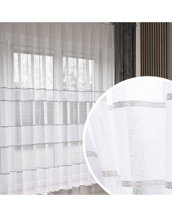 Długa firana do salonu z nabłyszczane puszystej przędzy z ozdobnymi pasami ze srebrną nicią, wysokość 300 cm - sprzedawana na metry