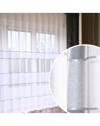 Długa firana do salonu  na taśmie wave z nabłyszczane puszystej przędzy z ozdobnymi pasami ze srebrzystej nici - szyta na wymiar