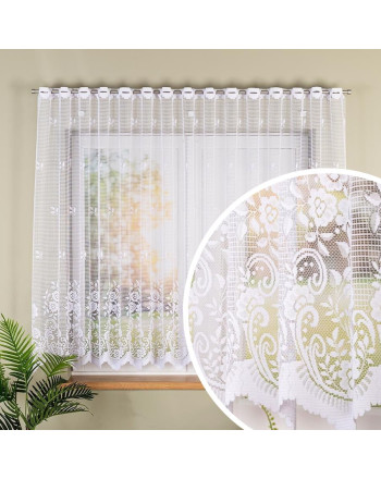 Krótka firanka żakardowa ze wzorem pasowym, z fabrycznymi otworami na drążek, kolor biały, oferowana w 3 wysokościach - sprzedawana na metry