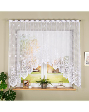 Krótka gotowa, biała firanka żakardowa z fabrycznymi otworami na drążek karnisza, wykończona w łuk, oferowana w kilku rozmiarach, Sara