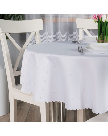 Obrus wodoodporny, okrągły, biały ze wzorem kwadracików, wykończony chmurką, średnica 160 cm, Mija