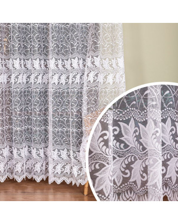 Długa firana  żakardowa do salonu z pasowym wzorem roślinnym, kolor biały, wysokość 250 cm - sprzedawana na metry