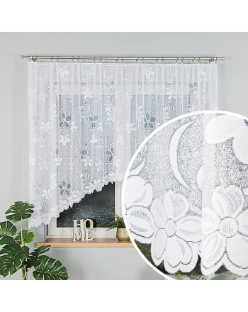 Krótka gotowa firanka żakardowa, kolor biały z delikatnym motywem kwiatowym, oferowana w kilku rozmiarach, Renata