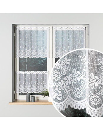 Zazdrostka żakardowa do kuchni, wzór listki z kwiatami, kolor biały, oferowana w kilku wysokościach, Karolina - sprzedawana na metry