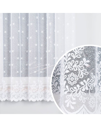 Krótka wzorzysta firanka żakardowa do kuchni, kolor biały, wzór w listki z kwiatami, oferowana w kilku wysokościach, Karolina - sprzedawana na metry