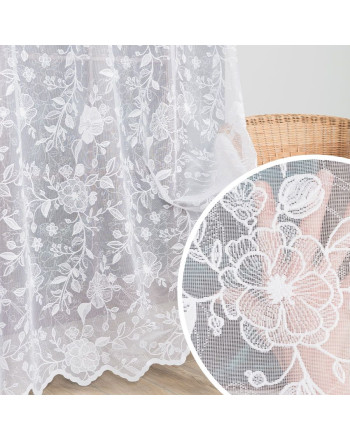 Firanka żakardowa ze wzorem kwiatowym po całości do salonu, na taśmie marszczącej, kolor biały, wysokość do 250 cm - szyta na wymiar