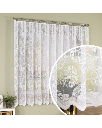 Krótka firanka żakardowa ze wzorem liści po całości, kolor biały, oferowana w 2 wysokościach - sprzedawana na metry