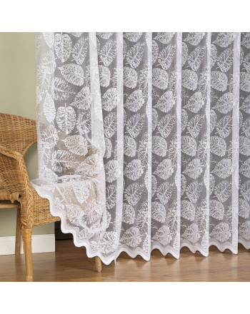 Długa firana żakardowa ze wzorem ażurowych liści po całości, kolor biały, wysokość 250 cm - sprzedawana na metry