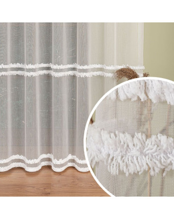 Długa firanka do salonu z poziomymi fryzami, kolor biały, wysokość 300 cm - sprzedawana na metry