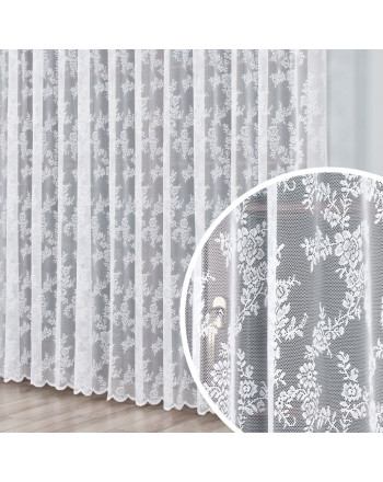 Długa biała firana żakardowa do salonu z różanym wzorem na całości, kolor biały, oferowana w dwóch wysokościach  - sprzedawana na metry