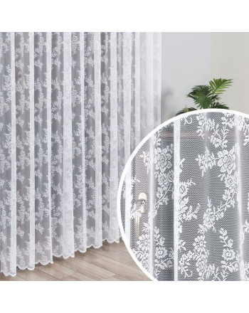 Firanka żakardowa na taśmie marszczącej, z kwiatowym motywem po całości, 090375, kolor biały - szyta na wymiar