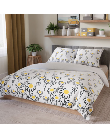 Komplet pościeli z bawełny satynowej, białej z nadrukiem kwiatowym, oferowana w dwóch rozmiarach, Bellis