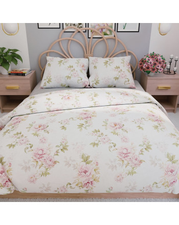 Komplet pościeli z bawełny satynowej, białej z nadrukiem bukietów róż, oferowana w dwóch rozmiarach, Valeria