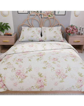 Komplet pościeli z bawełny satynowej, białej z nadrukiem bukietów róż 200x220 cm Valeria